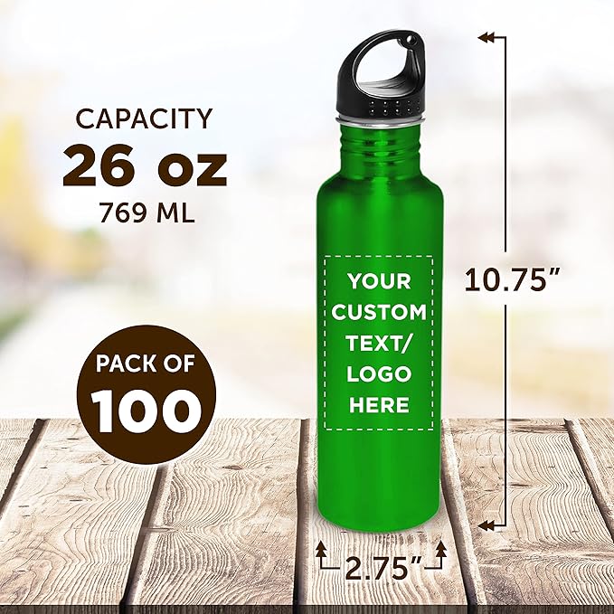 DISCOUNT PROMOS Custom Stainless Steel Water Bottles 26 oz. Set of 100, Personalized Bulk Pack - Reusable, Leak Proof, Perfect for Gym, Hiking, Camping, Outdoor Sports - Green