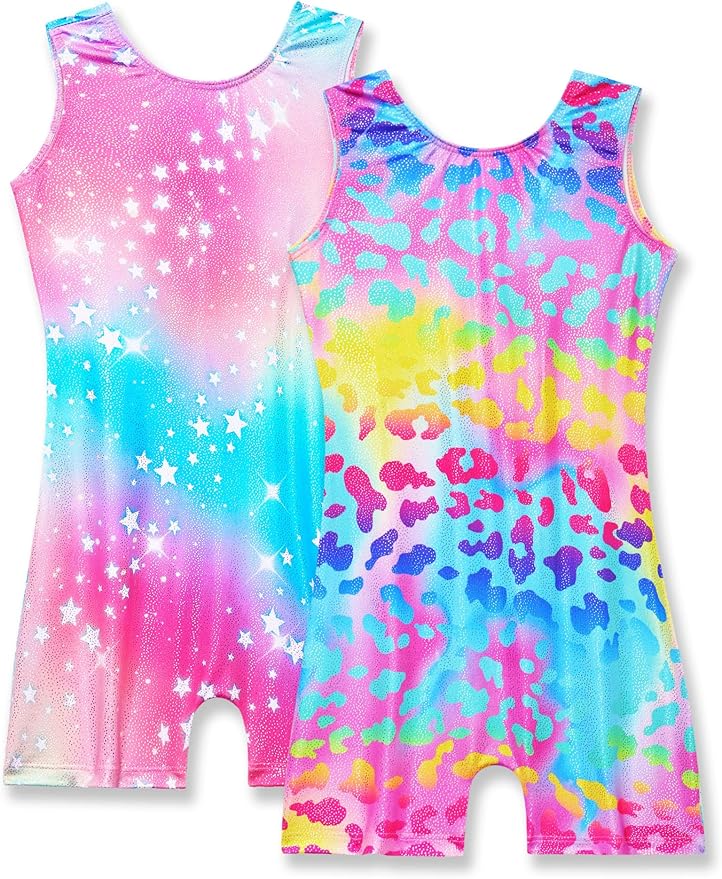 Nymphperi 2 Packs Gymnastics Leotard for Girls Sparkle Biketards with Shorts Kids Sleeveless Unitard One-Piece Dancewear