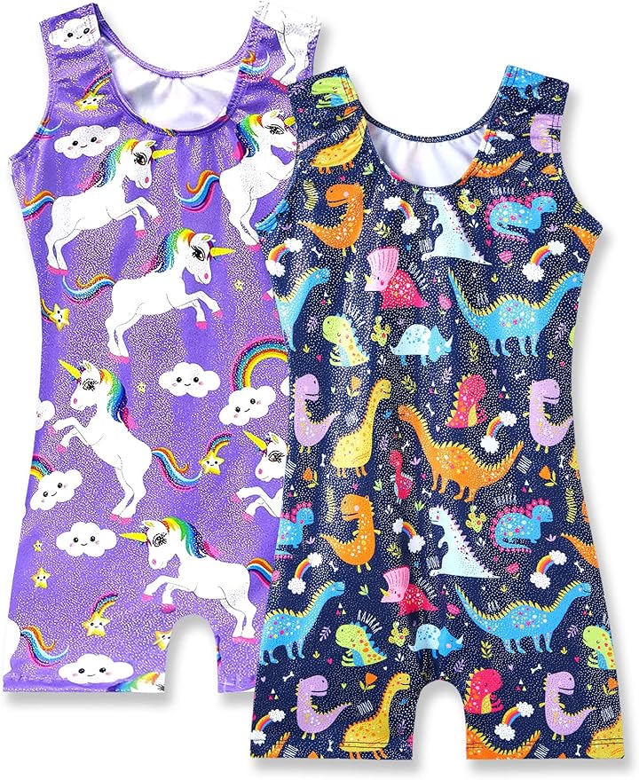 Nymphperi 2 Packs Gymnastics Leotard for Girls Sparkle Biketards with Shorts Kids Sleeveless Unitard One-Piece Dancewear