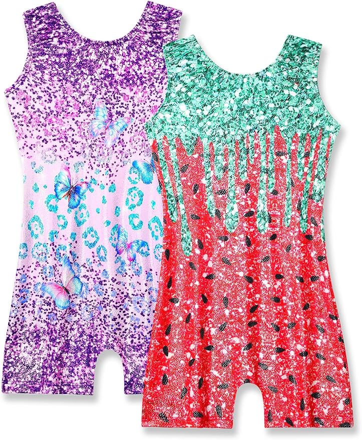 Nymphperi 2 Packs Gymnastics Leotard for Girls Sparkle Biketards with Shorts Kids Sleeveless Unitard One-Piece Dancewear