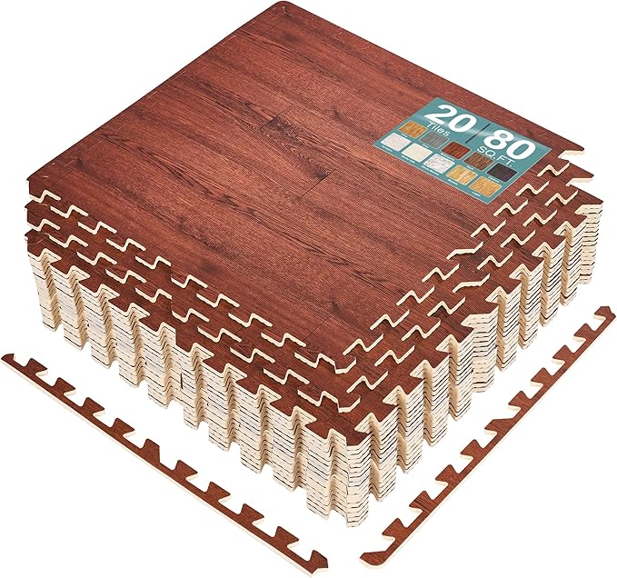 Sorbus 80 Sq. Ft. Wood Grain Floor Tiles Foam Mat EVA Interlocking Mats Tile 3/8-Inch Thick Flooring Wood Puzzle Exercise Mats w/Borders - Home Playroom Basement, Apartment, Trade Show, Baby, Dance