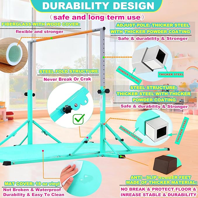 Marfula Gymnastic Bar For Kid and Teenage of 3-25, 5Ft/8 FT Base Length 4Ft Width 5Ft Adjust Height, Gymnastic Kip Bar For Gymnast, Gymnastic Training Equipment For Professional Training Home Club Use