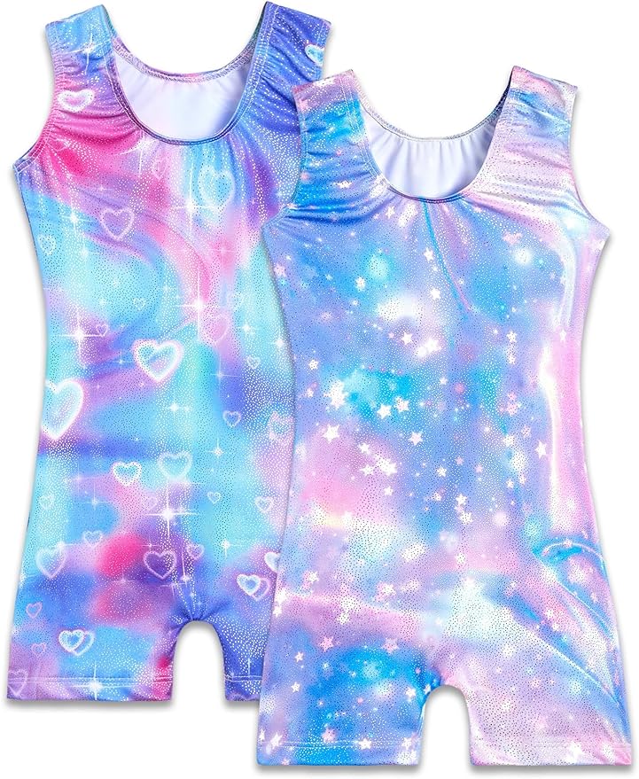 Nymphperi 2 Packs Gymnastics Leotard for Girls Sparkle Biketards with Shorts Kids Sleeveless Unitard One-Piece Dancewear