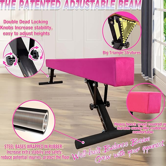 PreGymnastic 8FT Balance Beam, Raised Gymnastics Beam for Kids Ages 3-12, Home Gym Equipment for Training, Adjustable Balancing Beam Indoor, Off-Ground Competition Style