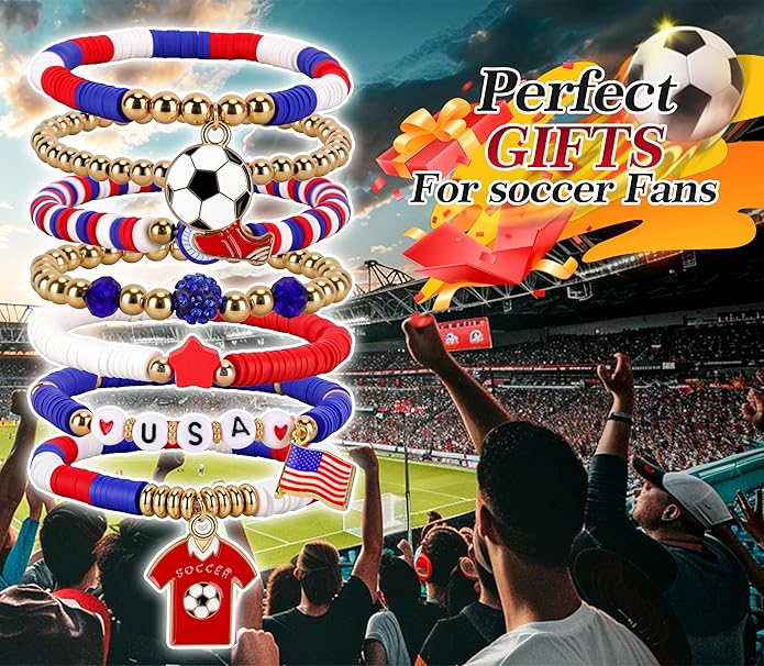 Soccer Bracelet For Women, Game Day Mom Accessories & Outfits Sports Jewelry Fans Gifts, Charm Beaded Stretch Bracelets Essentials Team Gear