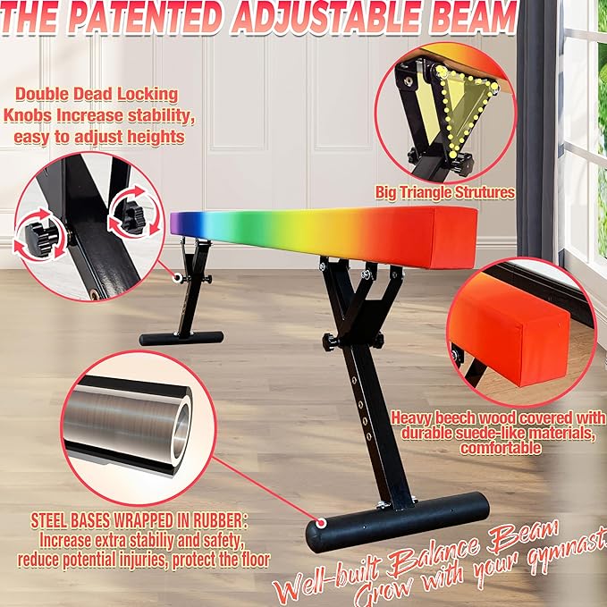 PreGymnastic 8FT Balance Beam, Raised Gymnastics Beam for Kids Ages 3-12, Home Gym Equipment for Training, Adjustable Balancing Beam Indoor, Off-Ground Competition Style