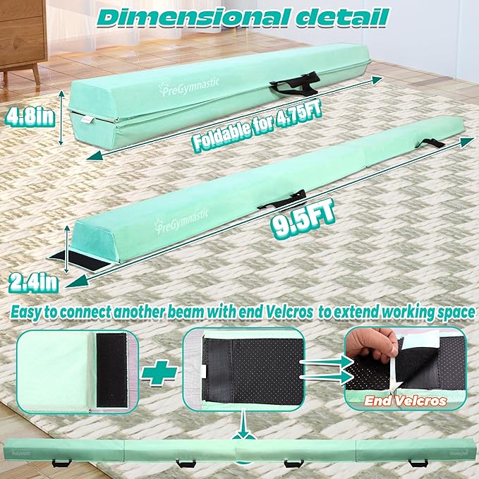PreGymnastic 6FT/8FT/9.5FT Folding Balance Beam for Kids Ages 3-12, Foldable Gymnastics Floor Beam-Extra Firm Suede Cover with Carrying Bag for Home-Gym Equipment for Toddler Teenager
