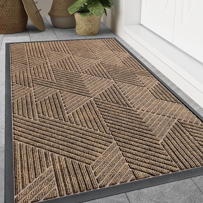 Smiry Front Door Mat Outside Entrance, Heavy Duty Sturdy Natural Rubber Doormat, Trap Dirt and Moisture, Easy Clean Low Profile Mats for Indoor Outdoor Entry, Irregular Triangle (71x47, Brown)