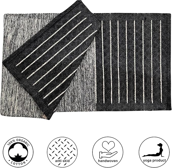 Indian Handmade100 % Organic Anti Skid Multi Colour Cotton Yoga Mat - Eco-Friendly Hand-Woven Rug - Non-Slip & Thick (24”x72”x5mm) for Hot yoga & Everyday Fitness at Home - Comfortable & Foldable Extra-Long Mat
