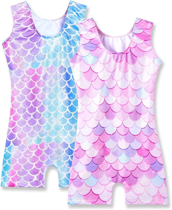 Nymphperi 2 Packs Gymnastics Leotard for Girls Sparkle Biketards with Shorts Kids Sleeveless Unitard One-Piece Dancewear
