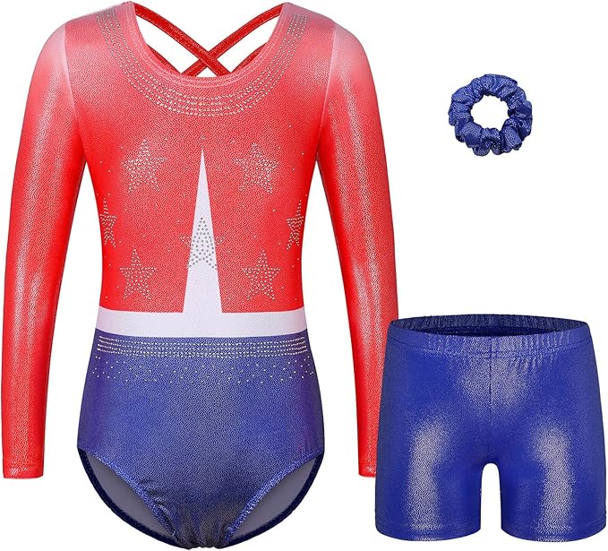 BAOHULU Gymnastics Leotards for Girls Long Sleeve Sparkly Cute Pattern Dance Outfit with Matching Shorts Set