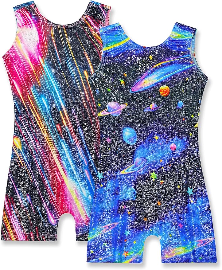 Nymphperi 2 Packs Gymnastics Leotard for Girls Sparkle Biketards with Shorts Kids Sleeveless Unitard One-Piece Dancewear