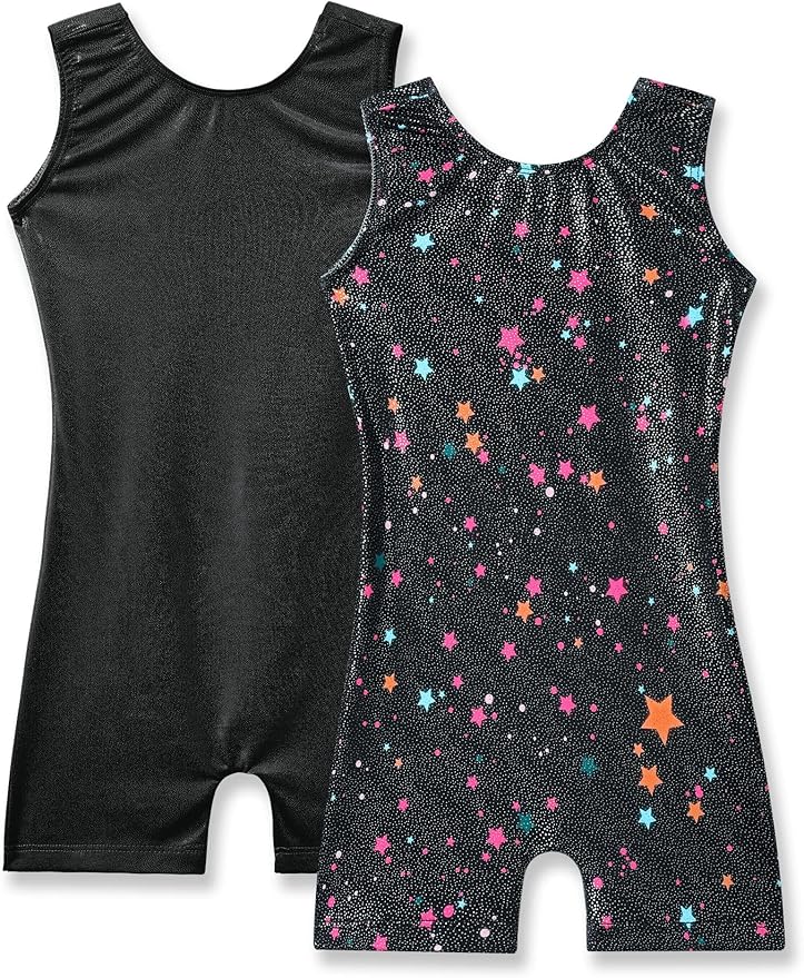 Nymphperi 2 Packs Gymnastics Leotard for Girls Sparkle Biketards with Shorts Kids Sleeveless Unitard One-Piece Dancewear