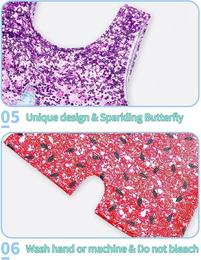 Nymphperi 2 Packs Gymnastics Leotard for Girls Sparkle Biketards with Shorts Kids Sleeveless Unitard One-Piece Dancewear