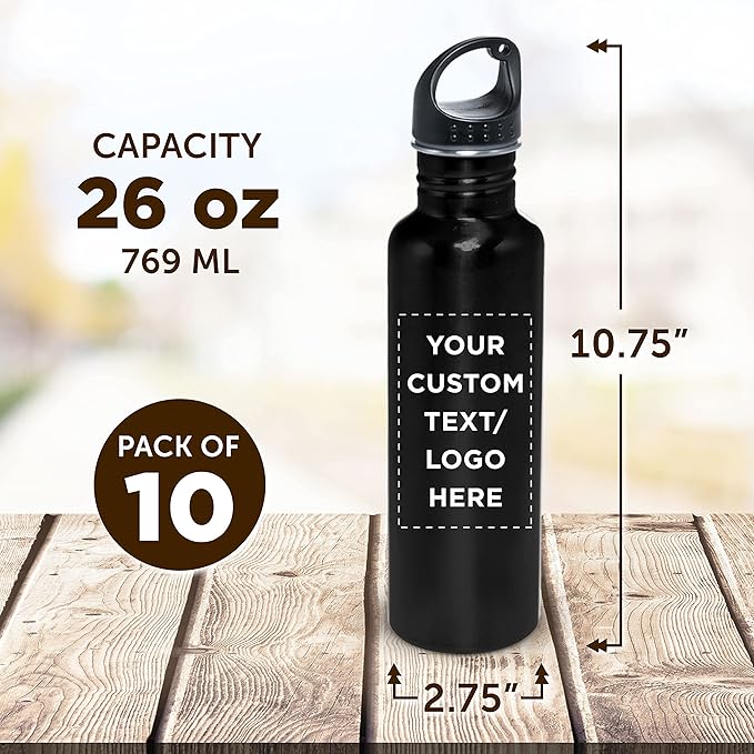 DISCOUNT PROMOS Custom Stainless Steel Water Bottles 26 oz. Set of 10, Personalized Bulk Pack - Reusable, Leak Proof, Perfect for Gym, Hiking, Camping, Outdoor Sports - Black