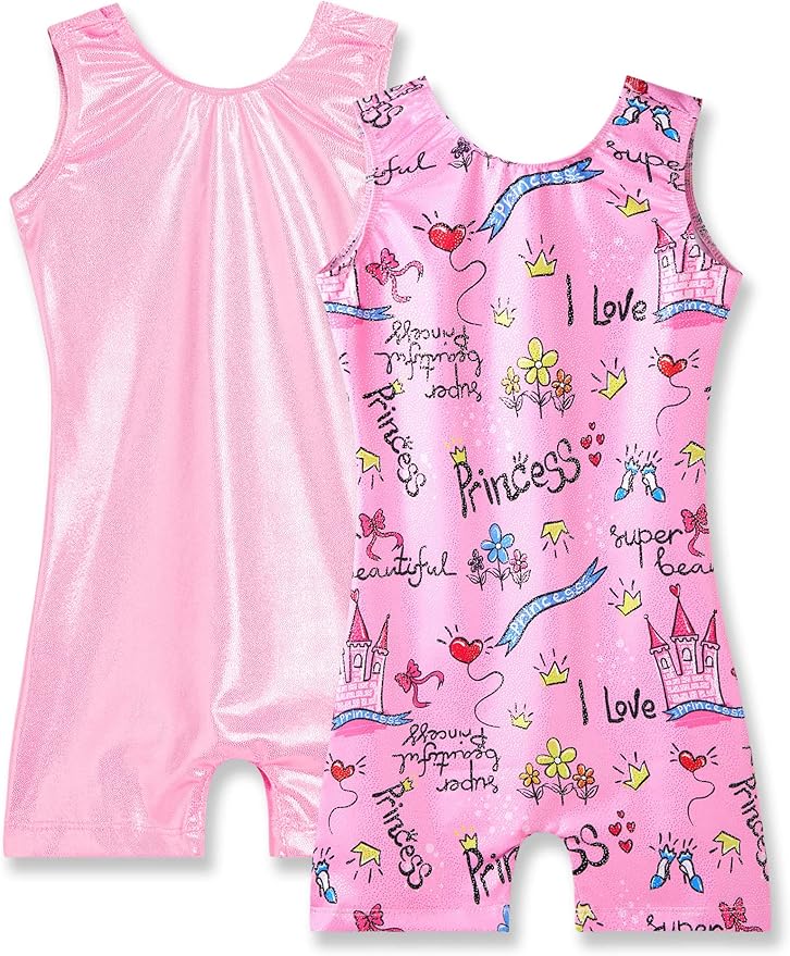 Nymphperi 2 Packs Gymnastics Leotard for Girls Sparkle Biketards with Shorts Kids Sleeveless Unitard One-Piece Dancewear