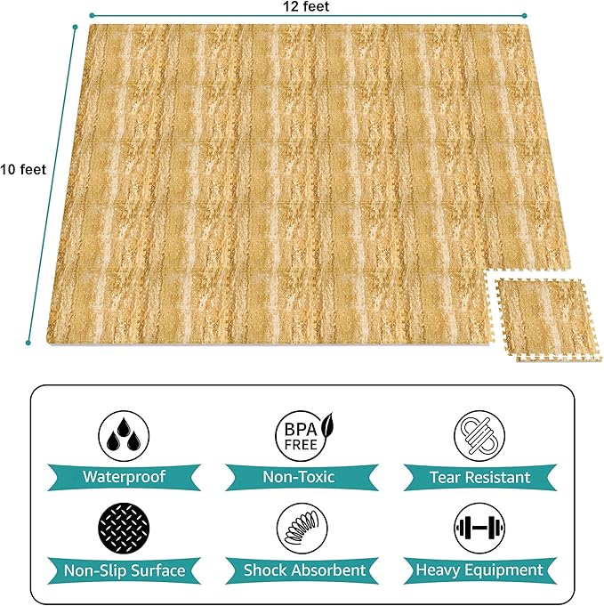 Sorbus 120 Sq. Ft. Wood Grain Floor Tiles Foam Mat EVA Interlocking Mats Tile 3/8-Inch Thick Flooring Wood Puzzle Exercise Mats w/Borders - Home Playroom Basement, Apartment, Trade Show, Baby, Dance