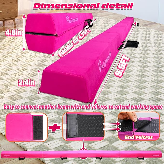 PreGymnastic 6FT/8FT/9.5FT Folding Balance Beam for Kids Ages 3-12, Foldable Gymnastics Floor Beam-Extra Firm Suede Cover with Carrying Bag for Home-Gym Equipment for Toddler Teenager