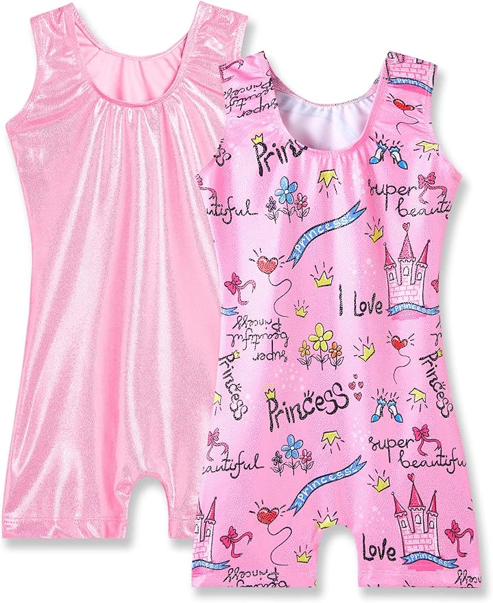Nymphperi 2 Packs Gymnastics Leotard for Girls Sparkle Biketards with Shorts Kids Sleeveless Unitard One-Piece Dancewear