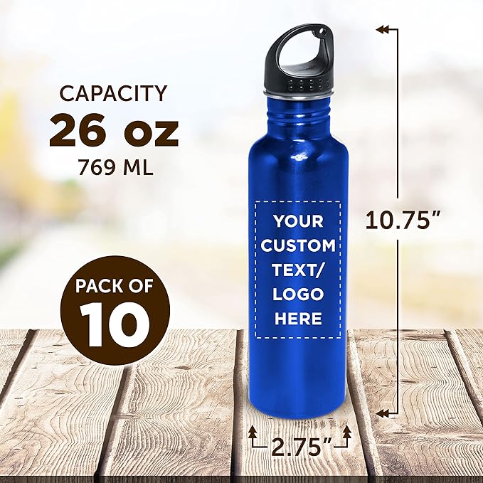 DISCOUNT PROMOS Custom Stainless Steel Water Bottles 26 oz. Set of 10, Personalized Bulk Pack - Reusable, Leak Proof, Perfect for Gym, Hiking, Camping, Outdoor Sports - Met Blue