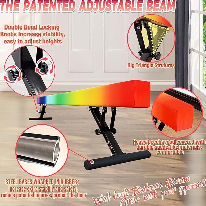 PreGymnastic 8FT Balance Beam, Raised Gymnastics Beam for Kids Ages 3-12, Home Gym Equipment for Training, Adjustable Balancing Beam Indoor, Off-Ground Competition Style