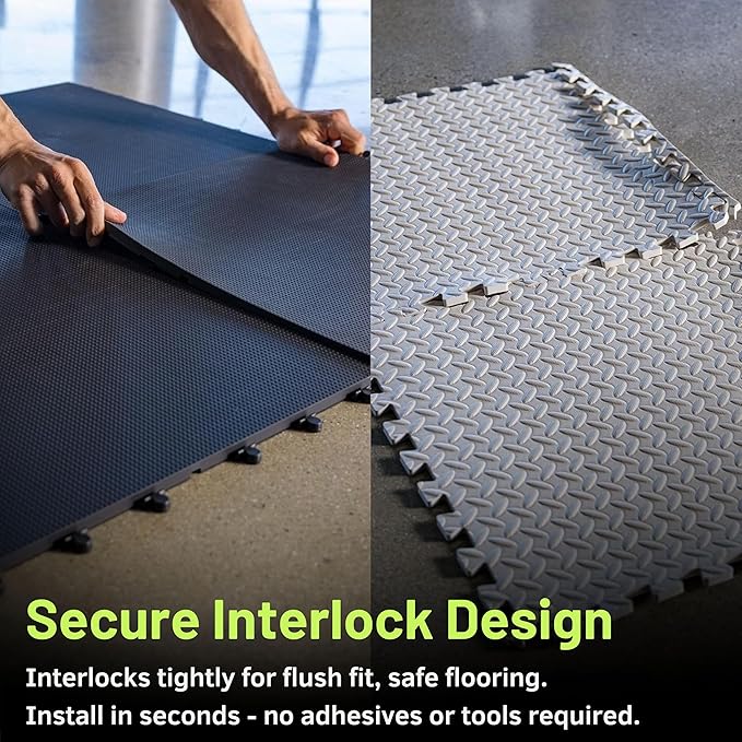Baselayer Performance Series Interlocking Floor Tiles - Durable ½ in TPE (Rubber Like, NOT Foam, no Odor) - Gym Flooring for Weights & Heavy Equipment - 15 SqFt (6 Pack) - Made in USA