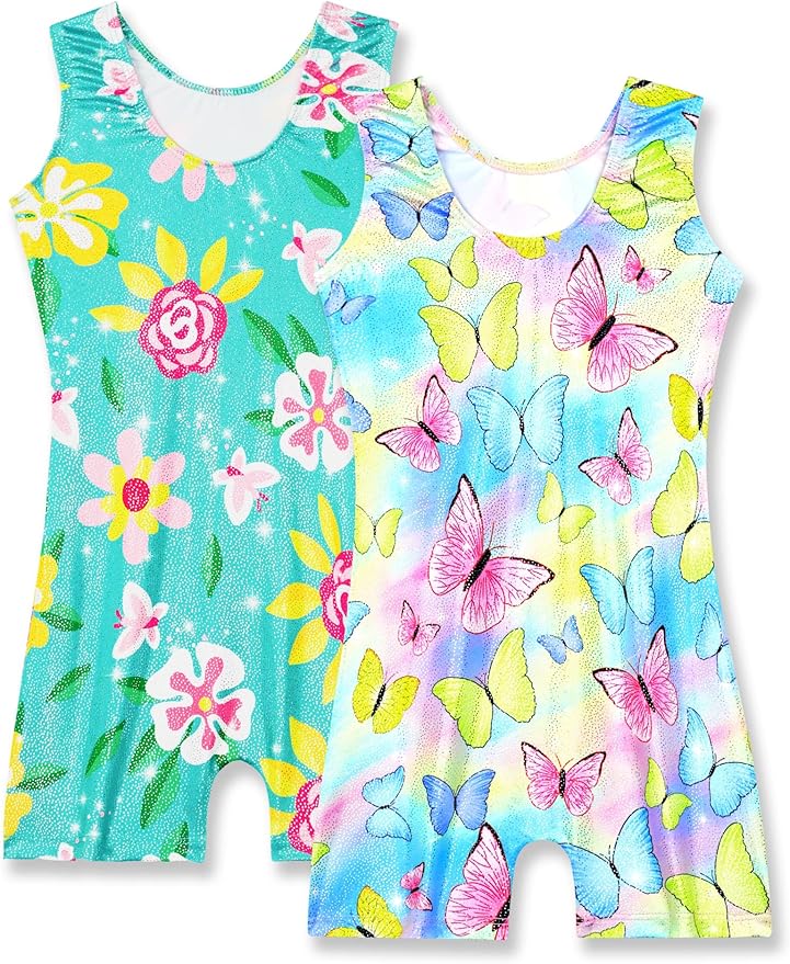 Nymphperi 2 Packs Gymnastics Leotard for Girls Sparkle Biketards with Shorts Kids Sleeveless Unitard One-Piece Dancewear