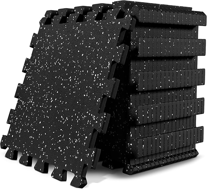 bemaxx Gym Mats Set - 18 pcs Rubber Top + EVA Interlocking Foam Floor Tiles (12.6"x12.6"x0.4") 18sqft Protective Gym Flooring Sports Home Workout Exercise Mat Puzzle Fitness Garage Play Pool Treadmill