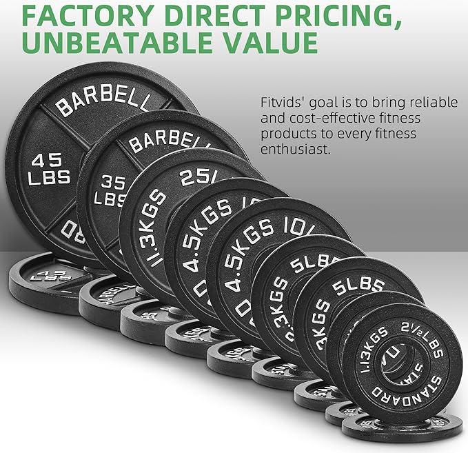 Fitvids 2-Inch Olympic Cast Iron Weight Plate for Strength Training & Weightlifting, Multiple Sizes