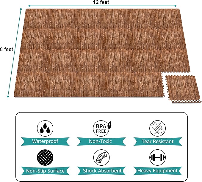 Sorbus 120 Sq. Ft. Wood Grain Floor Tiles Foam Mat EVA Interlocking Mats Tile 3/8-Inch Thick Flooring Wood Puzzle Exercise Mats w/Borders - Home Playroom Basement, Apartment, Trade Show, Baby, Dance