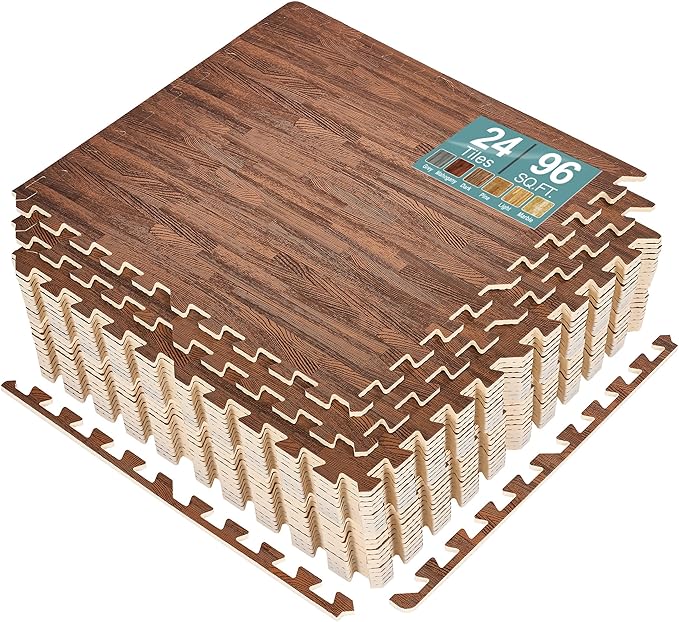 Sorbus 120 Sq. Ft. Wood Grain Floor Tiles Foam Mat EVA Interlocking Mats Tile 3/8-Inch Thick Flooring Wood Puzzle Exercise Mats w/Borders - Home Playroom Basement, Apartment, Trade Show, Baby, Dance