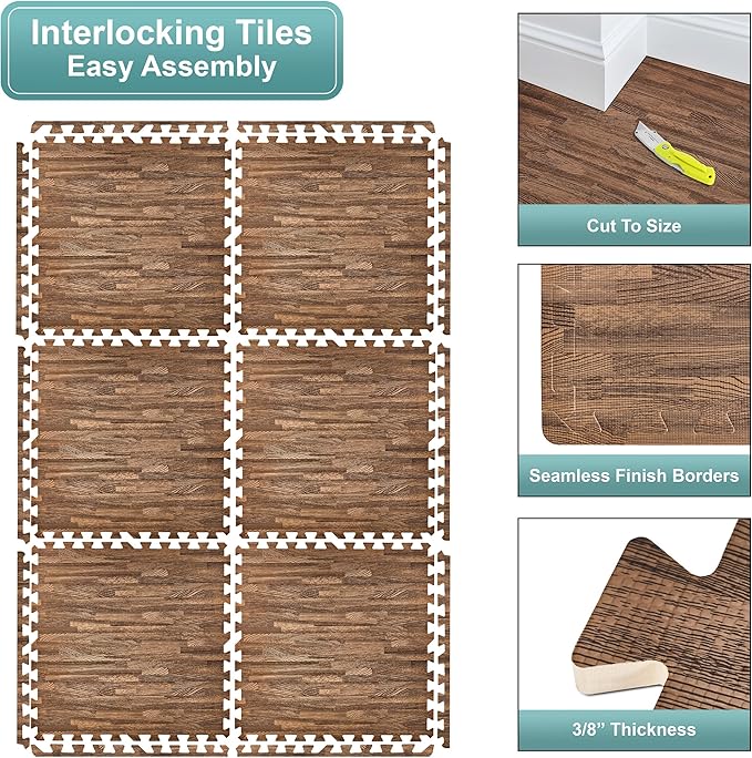 Sorbus 120 Sq. Ft. Wood Grain Floor Tiles Foam Mat EVA Interlocking Mats Tile 3/8-Inch Thick Flooring Wood Puzzle Exercise Mats w/Borders - Home Playroom Basement, Apartment, Trade Show, Baby, Dance