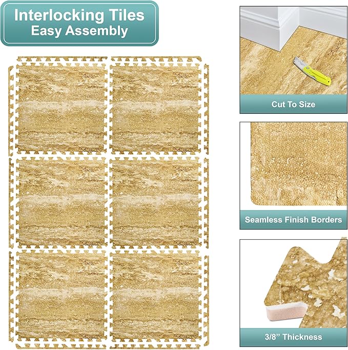 Sorbus 80 Sq. Ft. Wood Grain Floor Tiles Foam Mat EVA Interlocking Mats Tile 3/8-Inch Thick Flooring Wood Puzzle Exercise Mats w/Borders - Home Playroom Basement, Apartment, Trade Show, Baby, Dance
