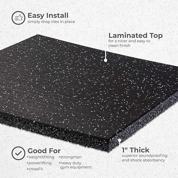 Genaflex Pro Heavy Duty Thick Rubber Gym Floor Tiles High Density Shock Absorbent Laminated Deadlift Mats - 1" Thick X 20" W X 20" L - 2.7 Sq. Ft. (Black, 10 Tiles - 27 Sq. Ft.)